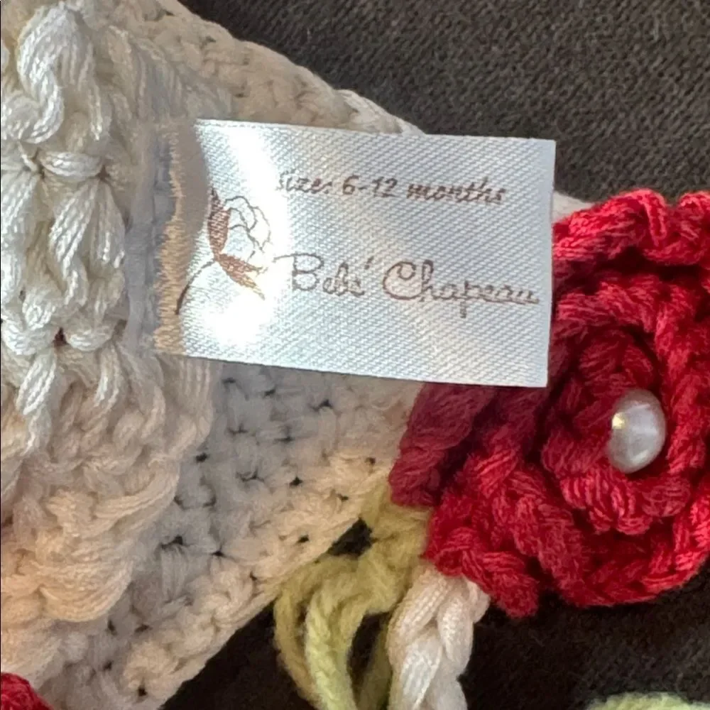 Bebe Chapeau Girls White Hat with Roses Side Braids 100% Cotton 6-12 months NEW